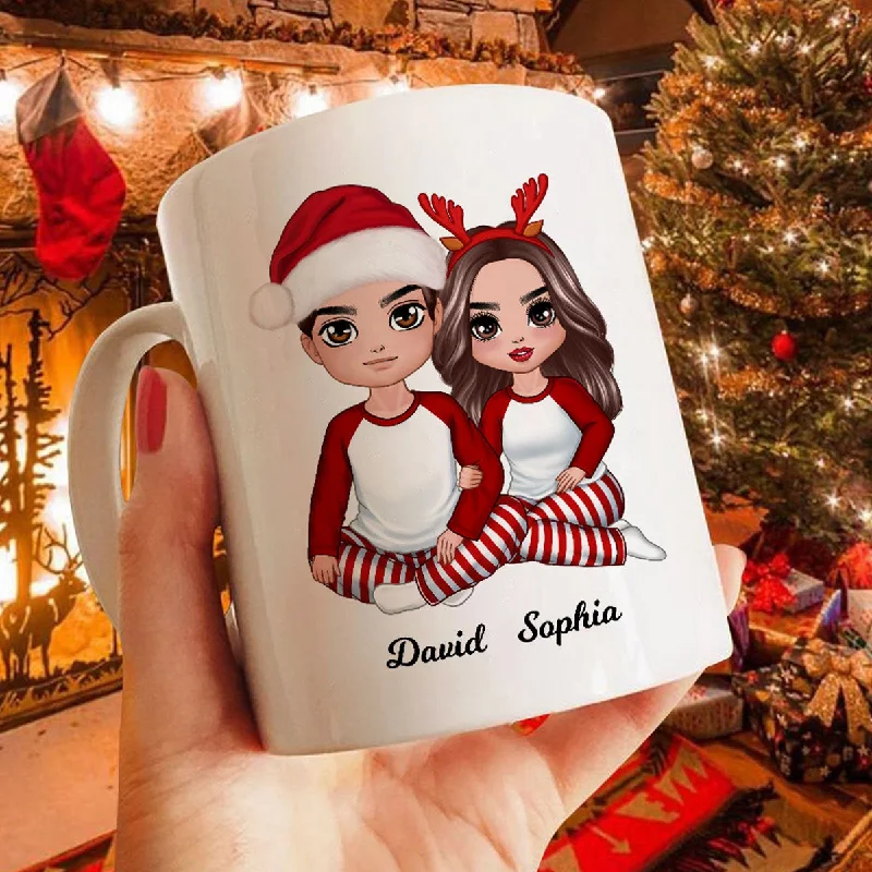 Christmas Doll Couple Sitting Hugging Personalized Mug