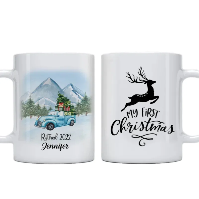 First Christmas Retired - Personalized Mug (Light Blue)