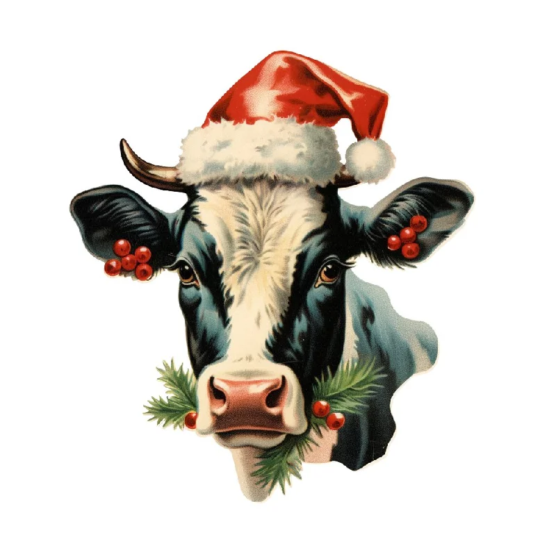 Old School Christmas Cow Portrait Fabric Panel