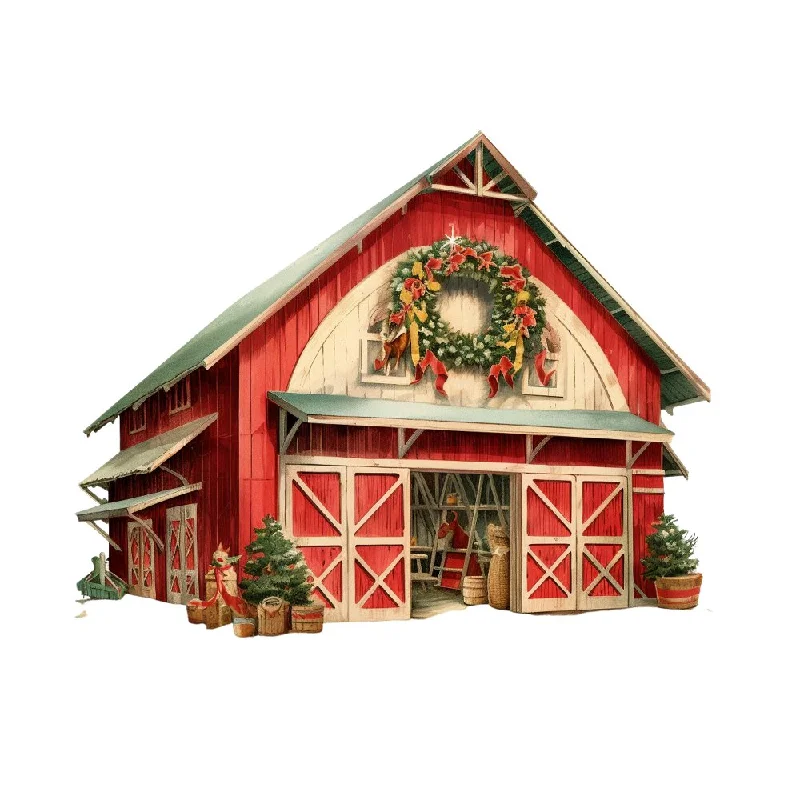 Old School Christmas Farm House 3 Fabric Panel