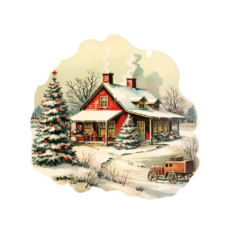 Old School Christmas Farm House 6 Fabric Panel