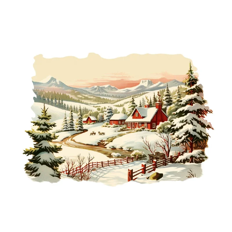 Old School Christmas Farm House 7 Fabric Panel