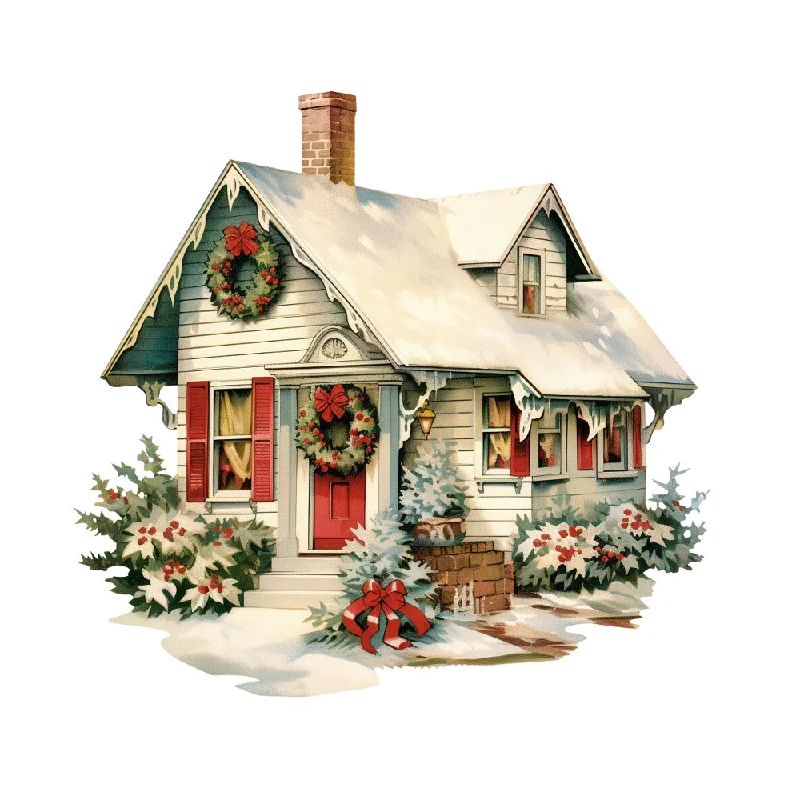 Old School Christmas Farm House 8 Fabric Panel