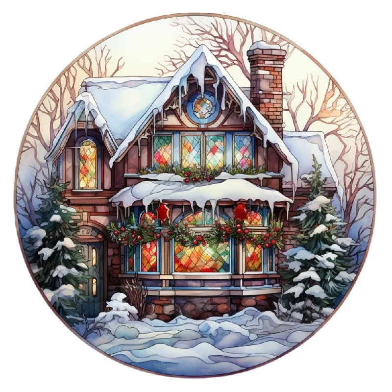 Stained Glass Christmas Cottage 1 Fabric Panel