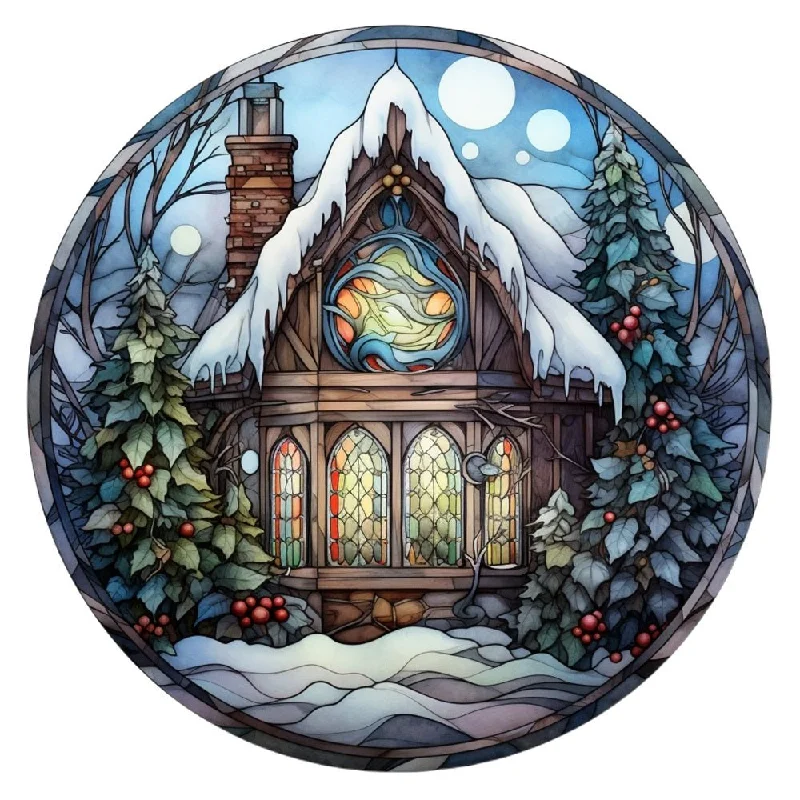 Stained Glass Christmas Cottage 4 Fabric Panel