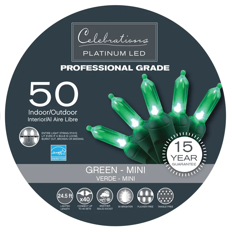 Celebrations Platinum LED T5 Green 50 ct String Christmas Lights 24.5 ft.