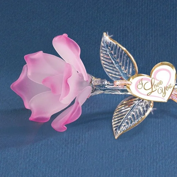 Blossoming Pink Rose with 22Kt Gold Trimmed Long Stem Glass Figurine