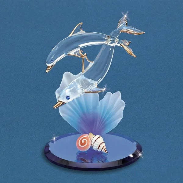 Dolphin and Baby with Sea Shells and Blue Coral Glass Figurine