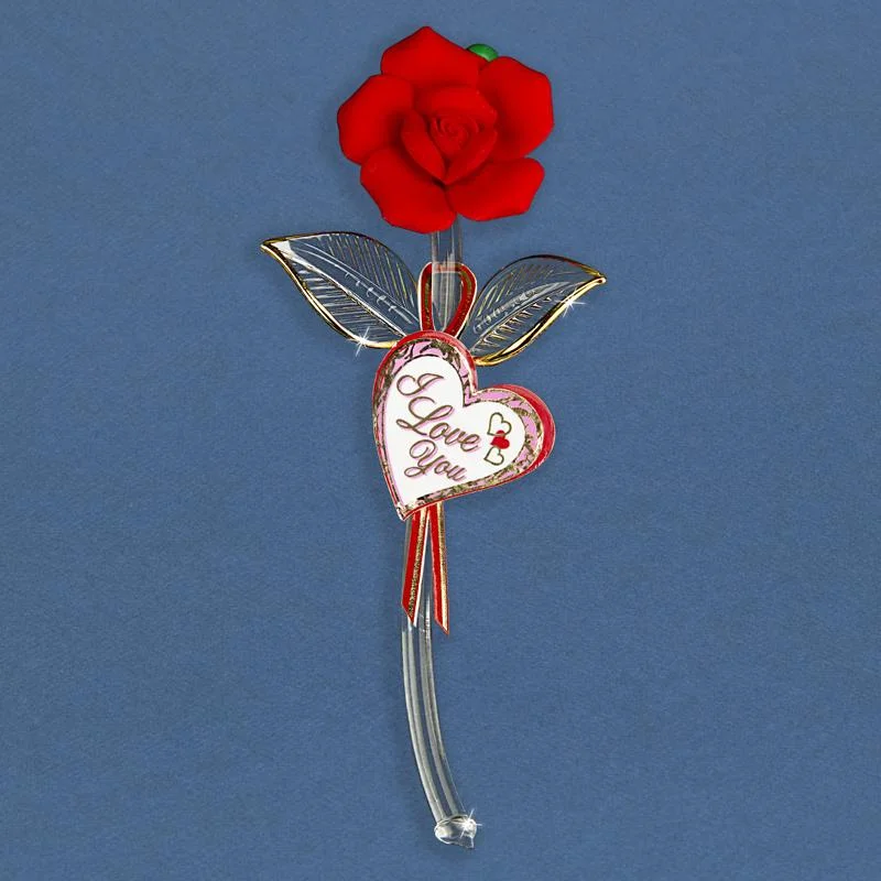 I Love You Red Rose On Stem Glass Figurine