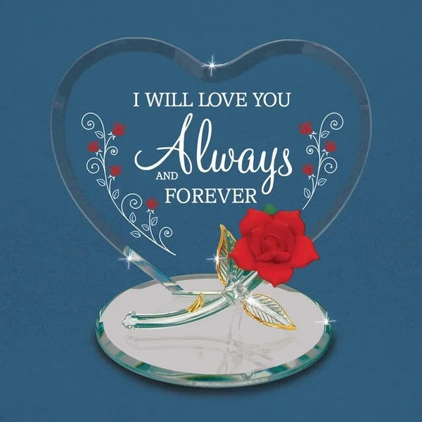 Love You Always and Forever Heart Plaque with Red Rose Glass Figurine