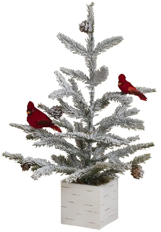 18" Holiday Flocked Tree with Cardinals in Birch Planter Box