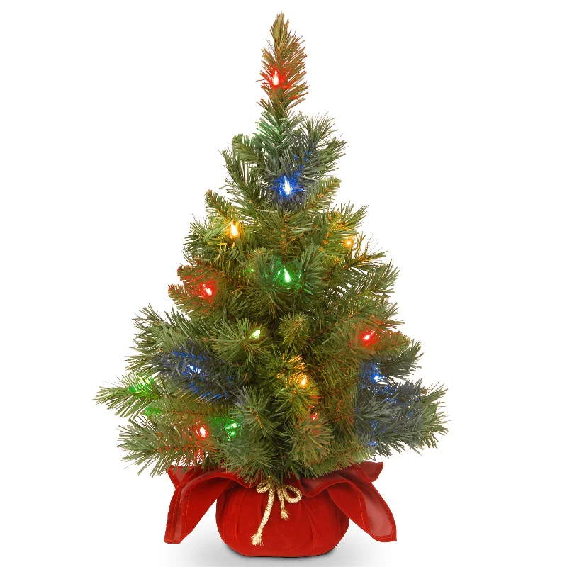 2 ft. Pre-Lit Majestic Fir Tree with Multicolor LED Lights, Red Base