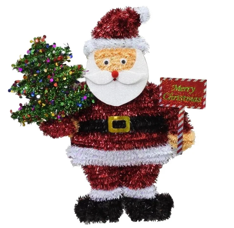 20" 2D Santa with Tree and Sign Tinsel Tabletop Decoration