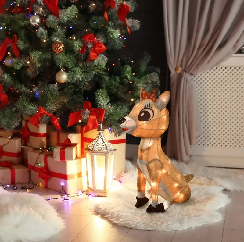 3D Lighted Soft Tinsel Clarice Reindeer with Bow Sculpture