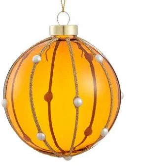 4" Amber Gold Glitter Pearl Glass Ball Ornament Set Of 6