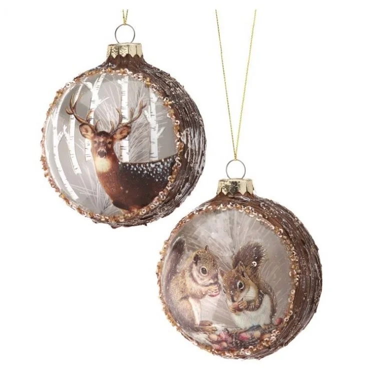 4" Deer & Squirrel Ball Ornament Set Of 6