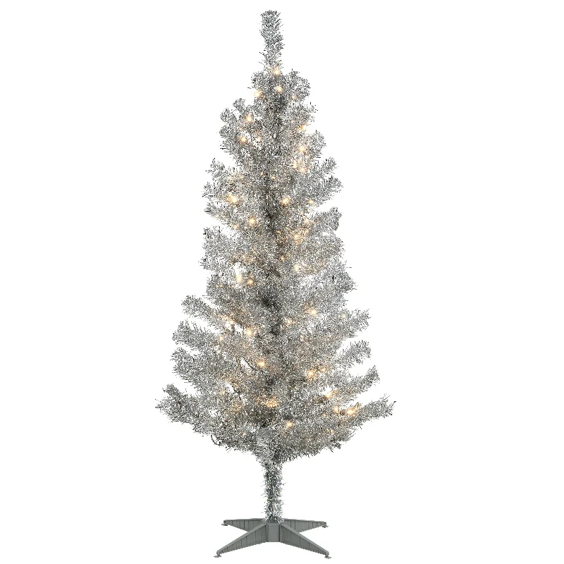 4 ft. Pre-Lit Tinsel Collection Silver Tree with Clear Lights