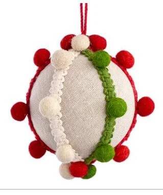 4" Red & Green Pompom Ball Ornament Set Of 4