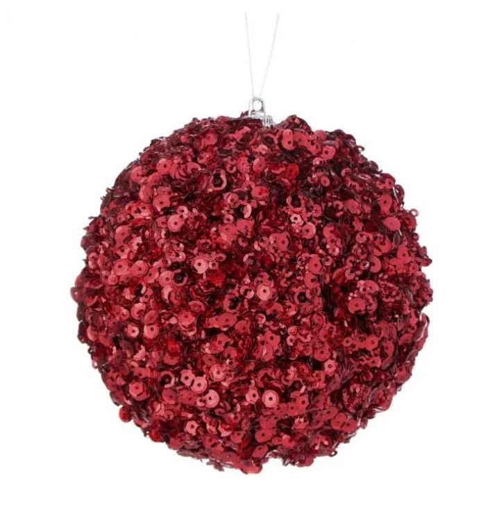 4" Red Sequined Jewel Ball Ornament Set Of 6