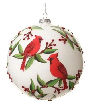 4" Red & White Cardinal Ball Ornament Set Of 4