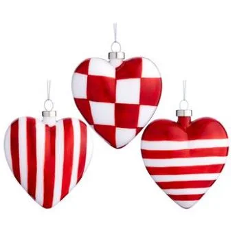 4" Red & White Heart Ornament Assorted Set of 3