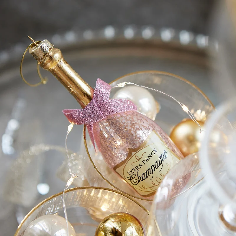 5.5" Pink Champagne Bottle Glass Ornament Set Of 6