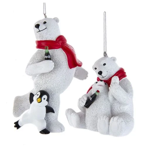 5" Coca-Cola Polar Bears With Penguin Assorted Ornament Set Of 2