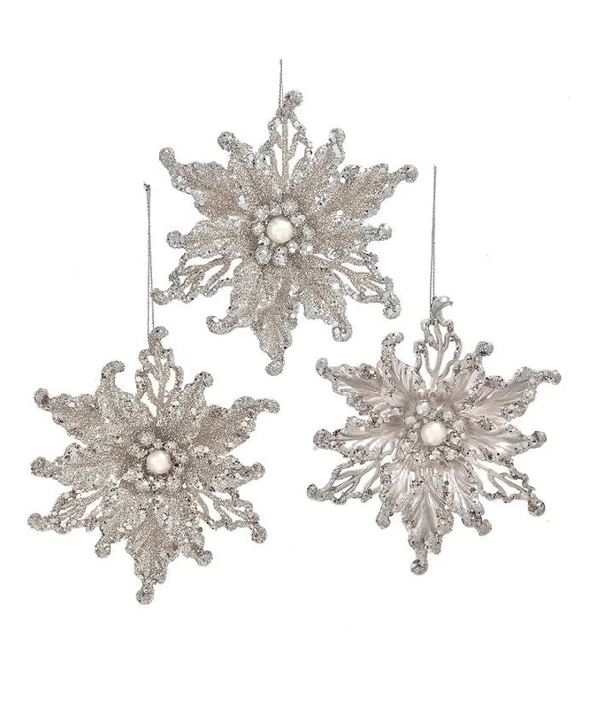 5" Platinum Poinsettia Ornament Set Of 12