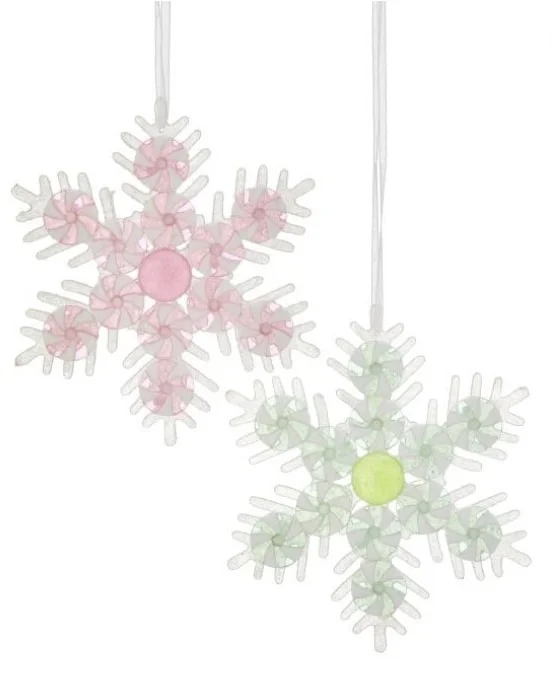 6" Pastel Pink & Green Snowflake Ornament Set Of 6