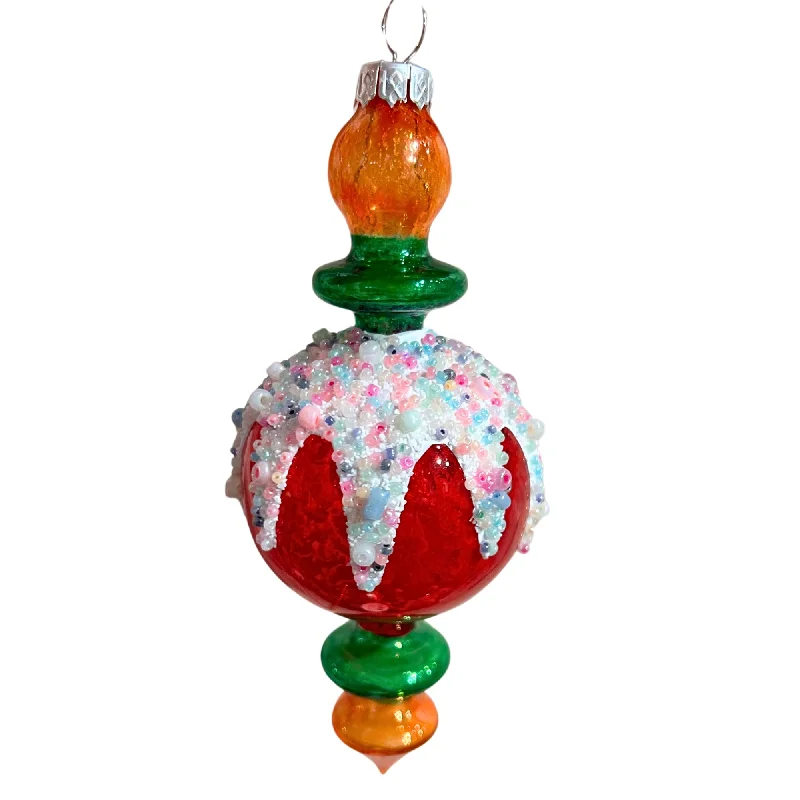 6" Red , Green & Orange Finial Glass Ornament Set Of 2