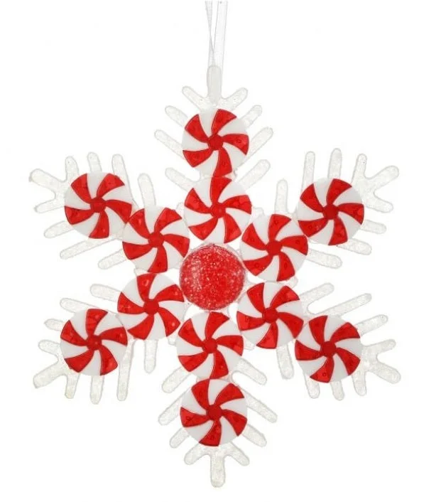 6" Red & White Peppermint Snowflake Ornament Set Of 9