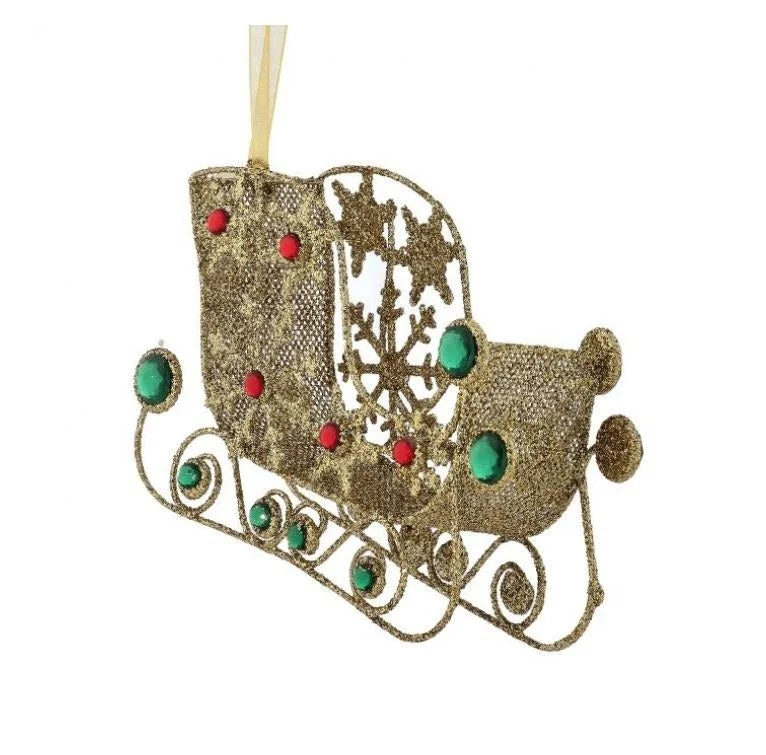 7.5" Green & Gold Jewel Sleigh Ornament Set Of 4