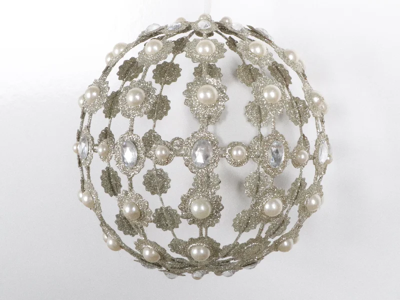 8.5" Champagne Pearl Ball Ornament With Jewels Set Of 2