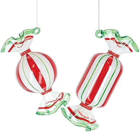 6" Red & Green Glass Candy Ornament Set Of 6