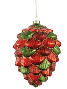 8" Red & Green Pine Cone Glass Ornament Set Of 4