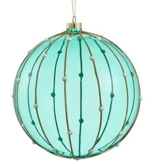 8" Teal Gold Glitter Pearl Glass Ball Ornament Set Of 2