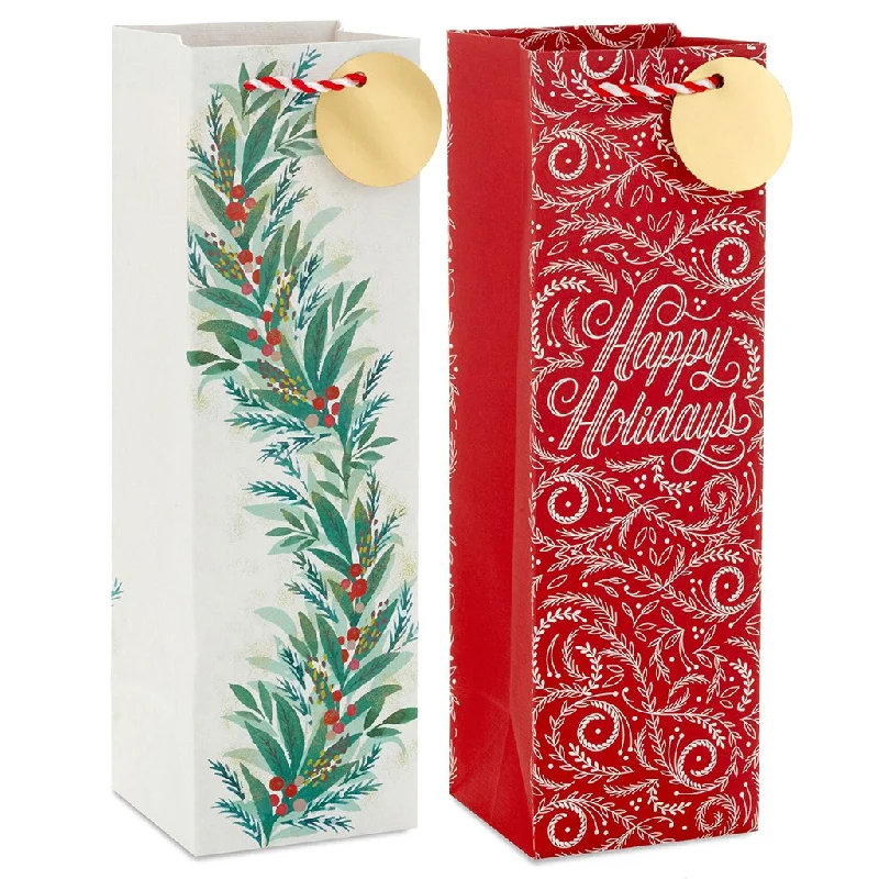 Hallmark : 13" Happy Holidays and Christmas Greenery 2-Pack Wine Gift Bags