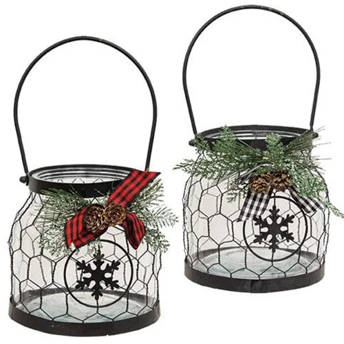 Glass & Chicken Wire Lantern w Pine & Buffalo Check Bow 2 Asstd