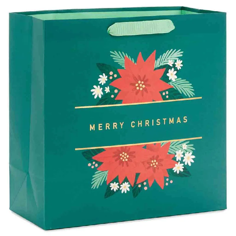 Hallmark : 10.4" Poinsettias on Green Large Square Christmas Gift Bag