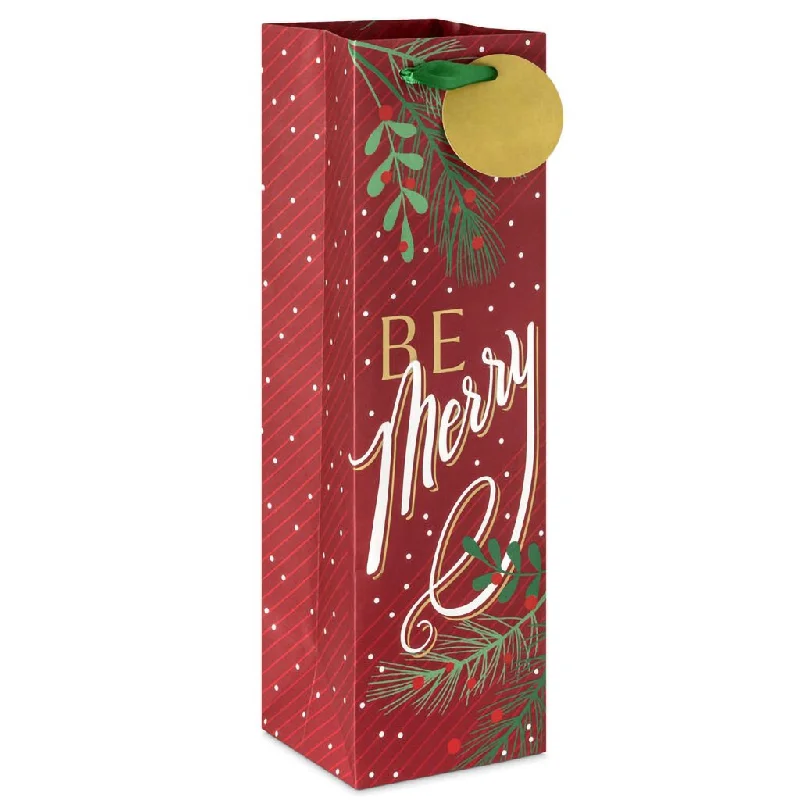 Hallmark : 13" Be Merry on Dark Red Christmas Wine Gift Bag