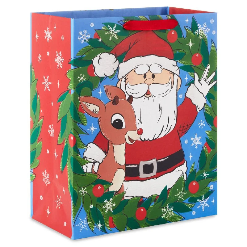 Hallmark : 13" Rudolph the Red-Nosed Reindeer® and Santa With Wreath Large Christmas Gift Bag