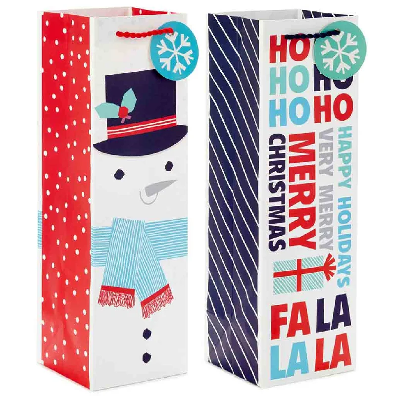 Hallmark : 13" Snowman and Merry Wishes 2-Pack Christmas Wine Gift Bags