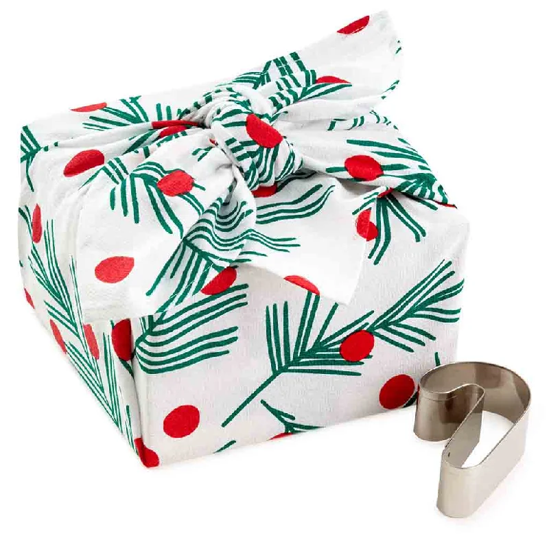 Hallmark : 26" Pine and Berries Fabric Christmas Gift Wrap With Candy Cane Cookie Cutter