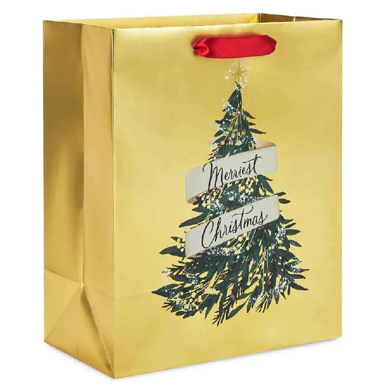 Hallmark : 9.6" Evergreen on Gold Metallic Medium Christmas Gift Bag