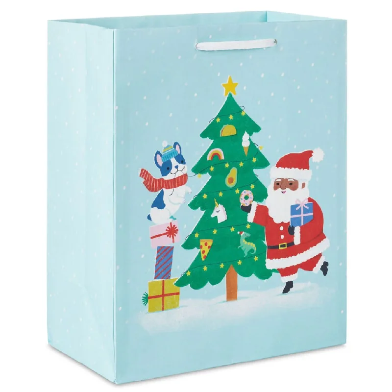 Hallmark : 9.6" Santa and Dog Decorating a Tree Medium Christmas Gift Bag