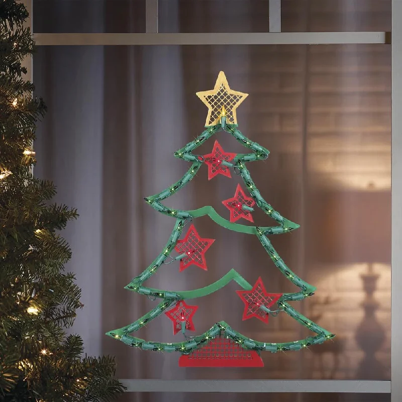 Lighted Christmas Tree with Stars Window Silhouette