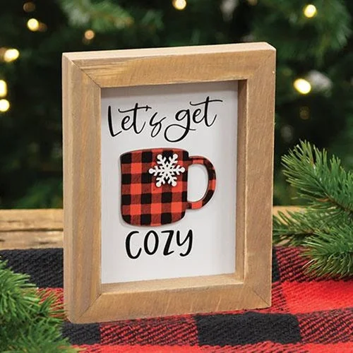 Let's Get Cozy Buffalo Check Cup Framed Sign