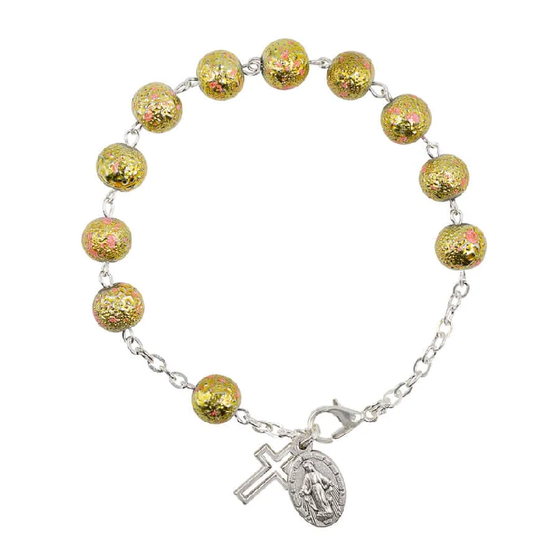 PINK AND GOLD ROSARY BRACELET - GLASS AND METAL