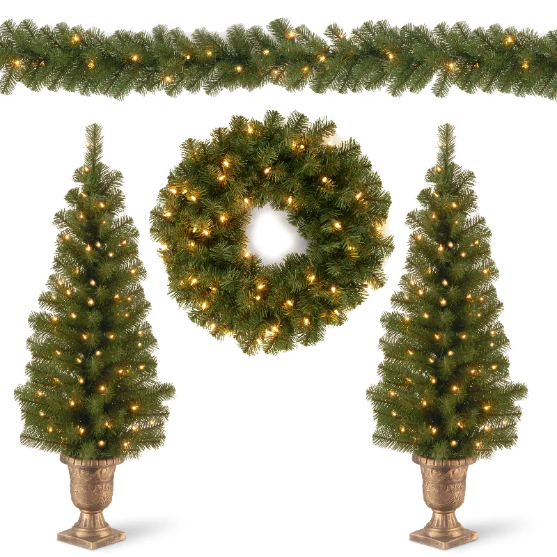 Pre-Lit Evergreen Assortment Set of 2 Entrance Trees, 1 Wreath, 1 Garland