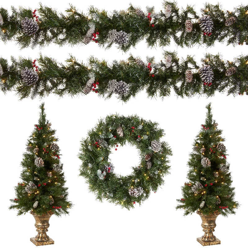 Pre-Lit Frosted Berry Assortment with 2 Entrance Trees, 1 Wreath, 2 Garland